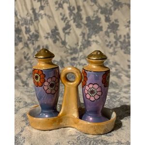 Japanese Porcelain Lusterware Salt and Pepper Shakers with Holder Carrier S&P
